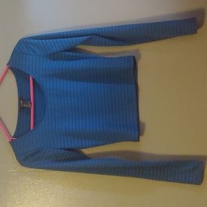 Blue Striped Long Sleeve Mesh Crop Top